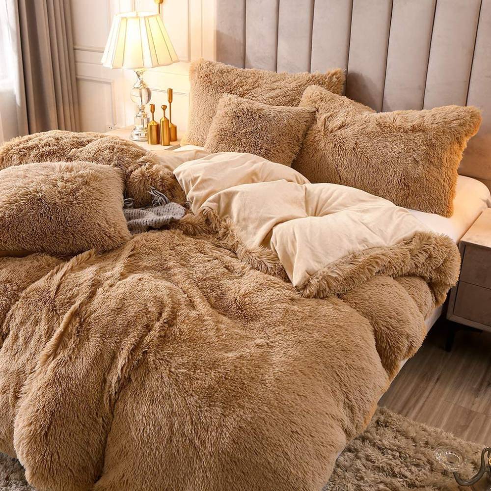 Fluffy Bedding Set, Brown / Queen 4 Piece Set